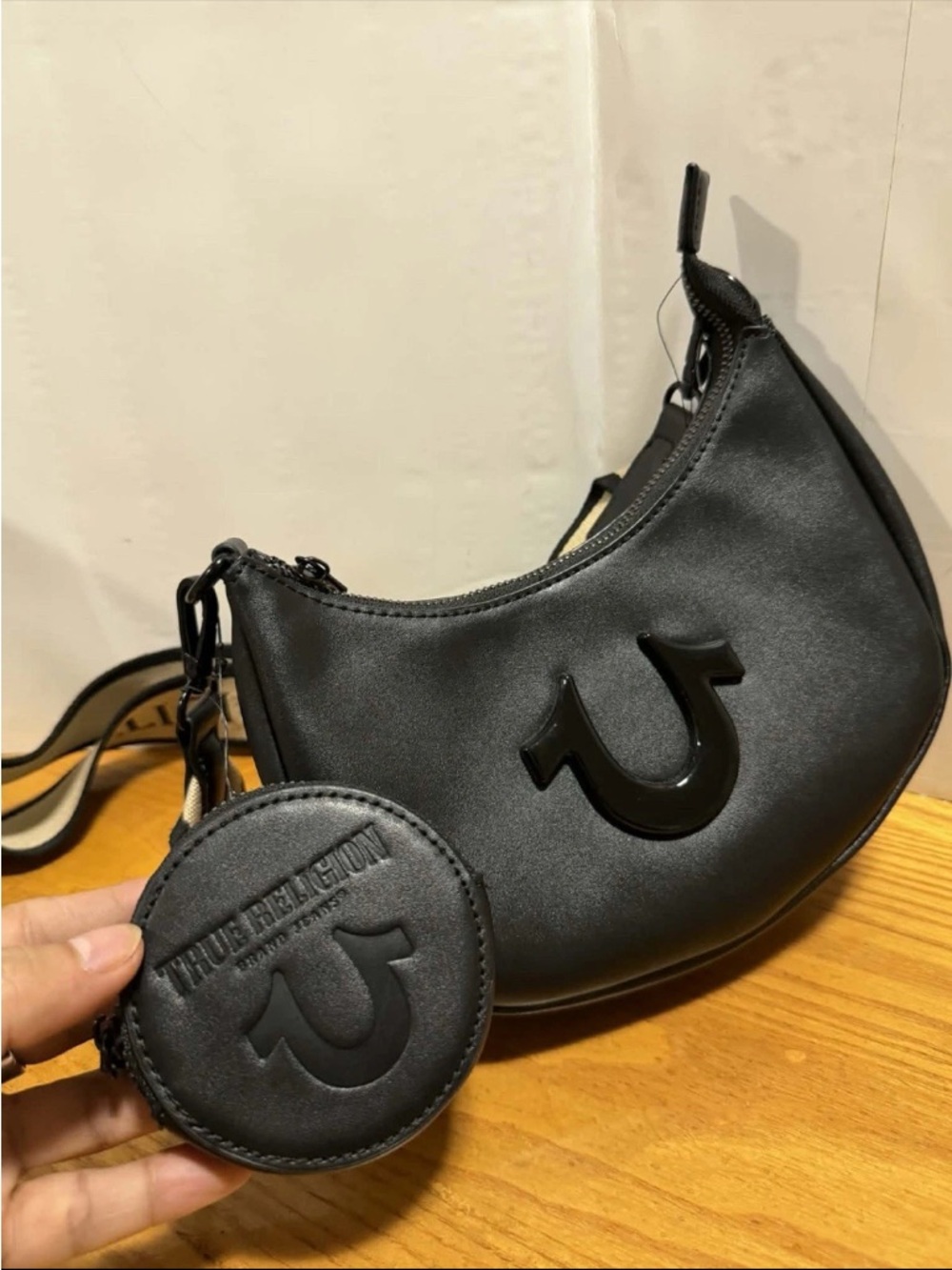True Religion Black Crescent Crossbody with Detachable Coin Pouch